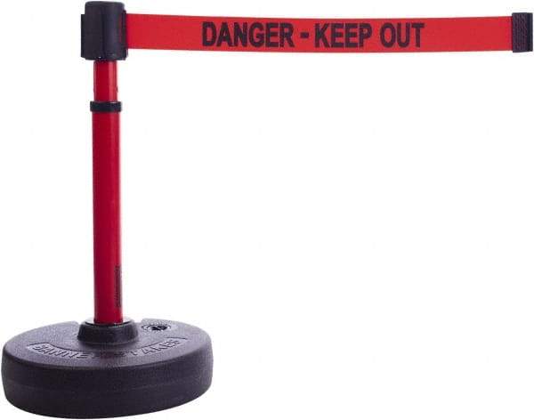 Banner Stakes - 22 to 42" High, 2-3/8" Pole Diam, Barrier Post Base & Stanchion - 9" Base Diam, Round Nylon Base, Red Plastic Post, 15' x 2-1/2" Tape, For Outdoor Use - A1 Tooling