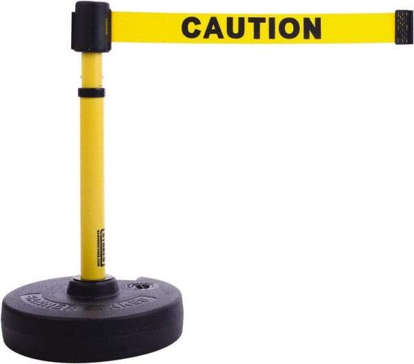 Banner Stakes - 22 to 42" High, 2-3/8" Pole Diam, Barrier Post Base & Stanchion - 9" Base Diam, Round Nylon Base, Yellow Plastic Post, 15' x 2-1/2" Tape, For Outdoor Use - A1 Tooling