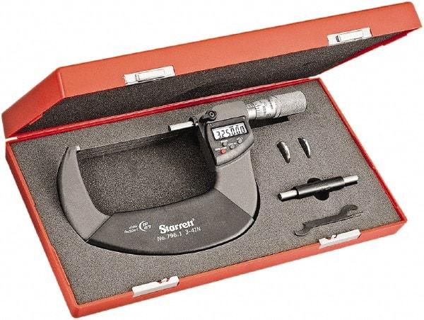 Starrett - 3 to 4" Range, Standard Throat IP67 Electronic Outside Micrometer - Friction Thimble, Carbide Face, CR2032 Battery - A1 Tooling