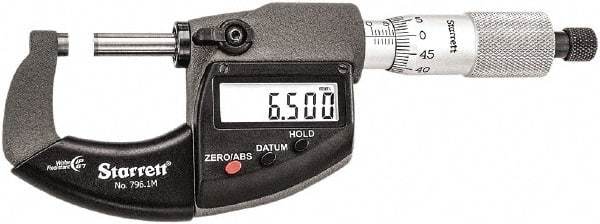 Starrett - Standard Throat IP67 Electronic Outside Micrometer - Ratchet Stop Thimble, Carbide Face, CR2032 Battery - A1 Tooling