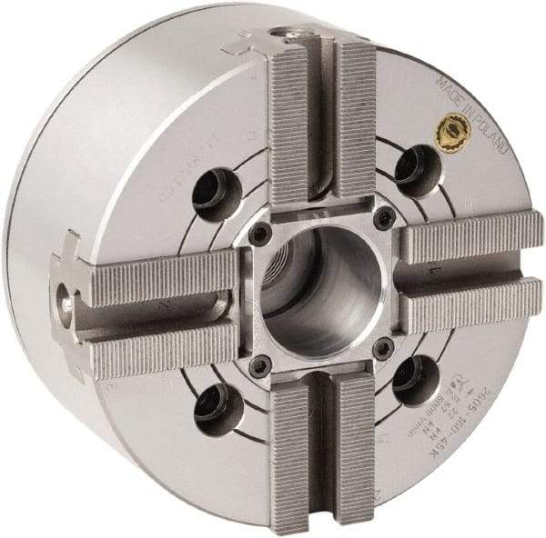 Bison - 4 Jaw, 8.26" Chuck Diam, Plain Back Mount, 52mm Through Hole Diam, Drawtube Hydraulic Power Lathe Chuck - 1.5mm x 60° Serrated Jaw Interface, 0.6299 to 7.874" Jaw Capacity, 4,300 RPM, High Speed Steel Body - A1 Tooling