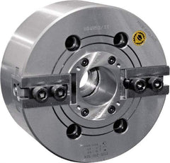 Bison - 2 Jaw, 12.4" Chuck Diam, Plain Back Mount, 91mm Through Hole Diam, Drawtube Hydraulic Power Lathe Chuck - 1.5mm x 60° Serrated Jaw Interface, 1.5748 to 11.9291" Jaw Capacity, 3,300 RPM, High Speed Steel Body - A1 Tooling