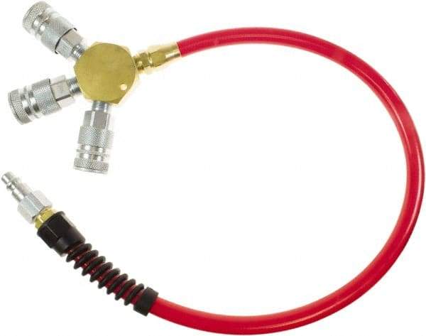 PRO-SOURCE - 3/8" ID 4' Long Lead-In Whip Hose - Manifold with (3) Industrial Couplers Ends, 200 Working psi, 165°, 3/8" Fitting, Transparent Red - A1 Tooling