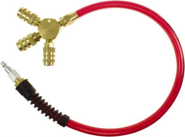 PRO-SOURCE - 3/8" ID 2' Long Lead-In Whip Hose - Manifold with (3) 6-Ball Automotive Couplers Ends, 200 Working psi, 165°, 1/4" Fitting, Transparent Red - A1 Tooling