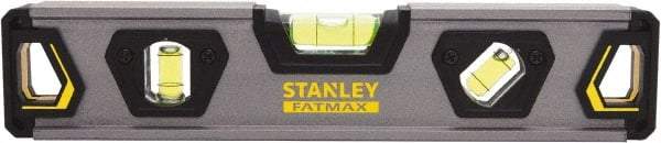 Stanley - 9" Long 3 Vial Torpedo Level - Aluminum, Black/Silver/Yellow, 1 45°, 1 Level & 1 Plumb Vials - A1 Tooling