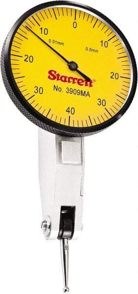 Starrett - 0.8 mm Range, 0.01 mm Dial Graduation, Horizontal Dial Test Indicator - 1-9/16 Inch Yellow Dial, 0-40-0 Dial Reading - A1 Tooling