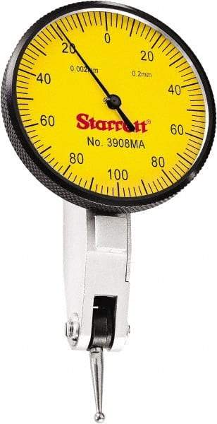 Starrett - 0.2 mm Range, 0.002 mm Dial Graduation, Horizontal Dial Test Indicator - 1-9/16 Inch Yellow Dial, 0-100-0 Dial Reading - A1 Tooling