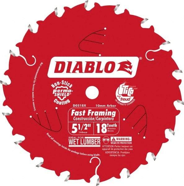 Freud - 5-1/2" Diam, 10mm Arbor Hole Diam, 18 Tooth Wet & Dry Cut Saw Blade - Carbide-Tipped, Framing Action, Standard Round Arbor - A1 Tooling