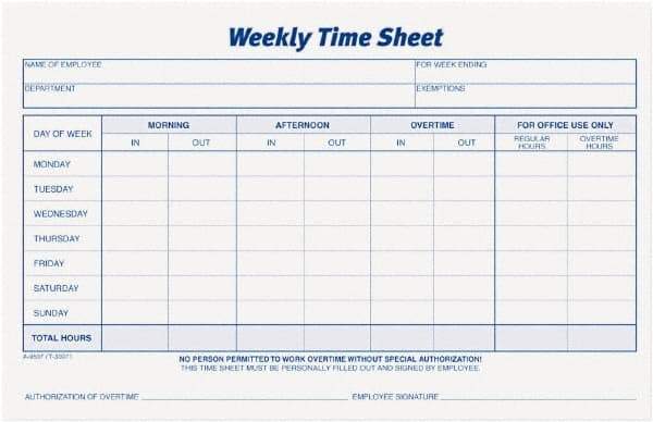 TOPS - 8-1/2" High x 5-1/2" Wide Weekly Time Sheets - Purple, White, Use with Manual Entries - A1 Tooling