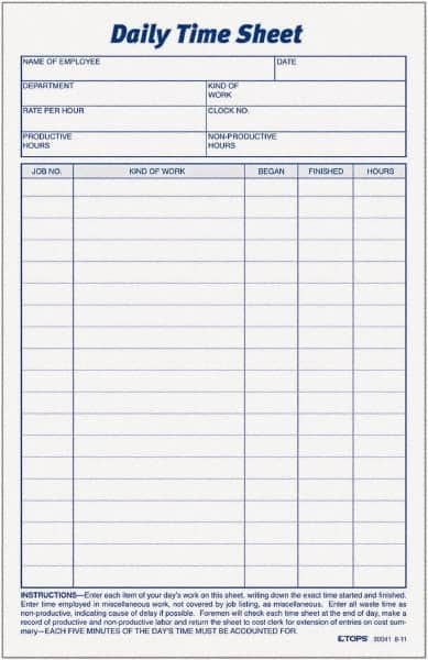 TOPS - 5-1/2" High x 8-1/2" Wide Daily Time & Job Sheets - Gray, White, Use with Manual Entries - A1 Tooling