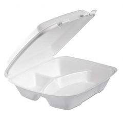 DART - Foam Hinged Lid Container, 3-Comp, 9 x 9 2/5 x 3, White, 100/Bag, 2 Bag/Carton - A1 Tooling