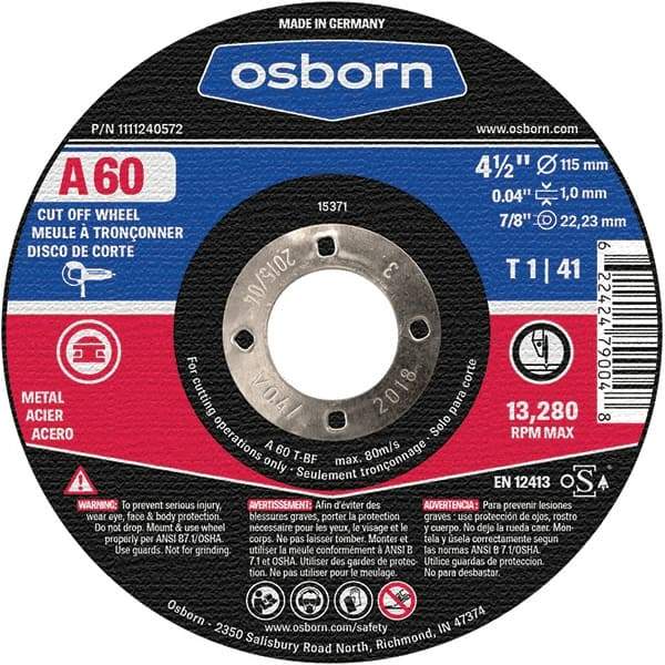 Osborn - 4-1/2" 60 Grit Aluminum Oxide Cutoff Wheel - 0.04" Thick, 7/8" Arbor, Use with Angle Grinders - A1 Tooling