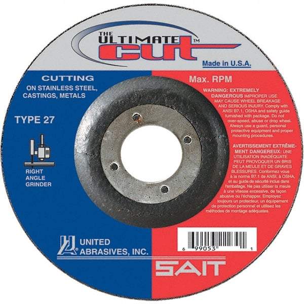 Sait - 6" Wheel Diam, 7/8" Arbor Hole, Type 27 Depressed Center Wheel - Coarse Grade, Ceramic, 10,200 Max RPM - A1 Tooling