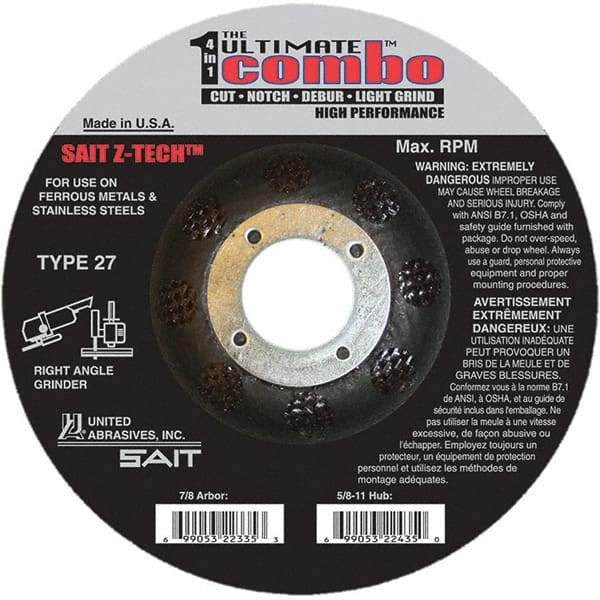 Sait - 6" Wheel Diam, 7/8" Arbor Hole, Type 27 Depressed Center Wheel - Coarse Grade, Zirconia Alumina, 10,200 Max RPM - A1 Tooling