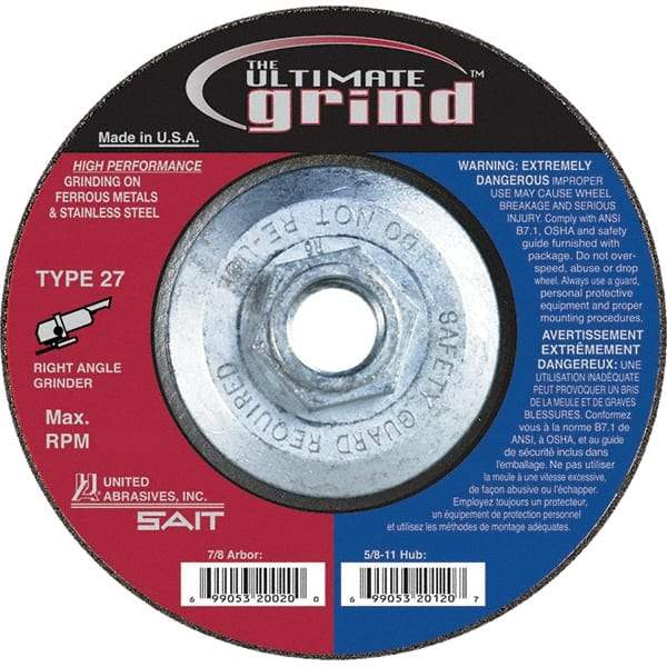 Sait - 4-1/2" Wheel Diam, 1/4" Wheel Thickness, Type 27 Depressed Center Wheel - Coarse Grade, Zirconia Alumina, 13,300 Max RPM - A1 Tooling