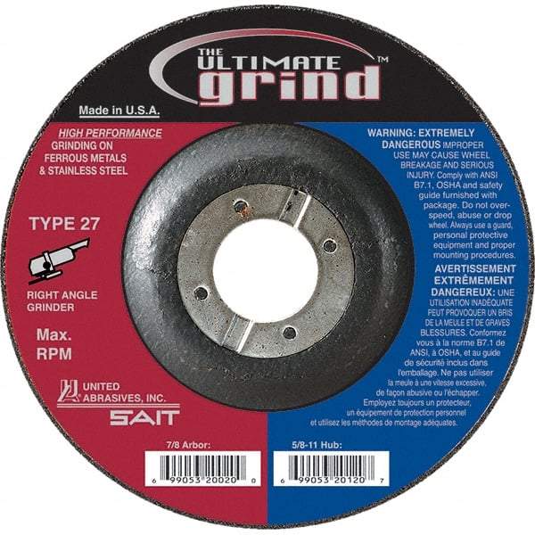 Sait - 6" Wheel Diam, 1/4" Wheel Thickness, 7/8" Arbor Hole, Type 27 Depressed Center Wheel - Coarse Grade, Zirconia Alumina, 10,200 Max RPM - A1 Tooling