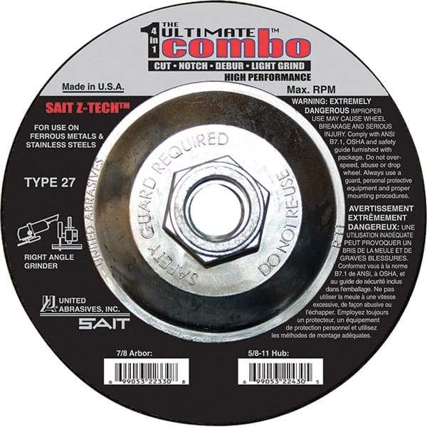 Sait - 6" Wheel Diam, Type 27 Depressed Center Wheel - Coarse Grade, Zirconia Alumina, 10,200 Max RPM - A1 Tooling