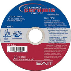 Sait - 5" 60 Grit Ceramic Cutoff Wheel - 0.045" Thick, 7/8" Arbor, 12,200 Max RPM, Use with Angle Grinders - A1 Tooling