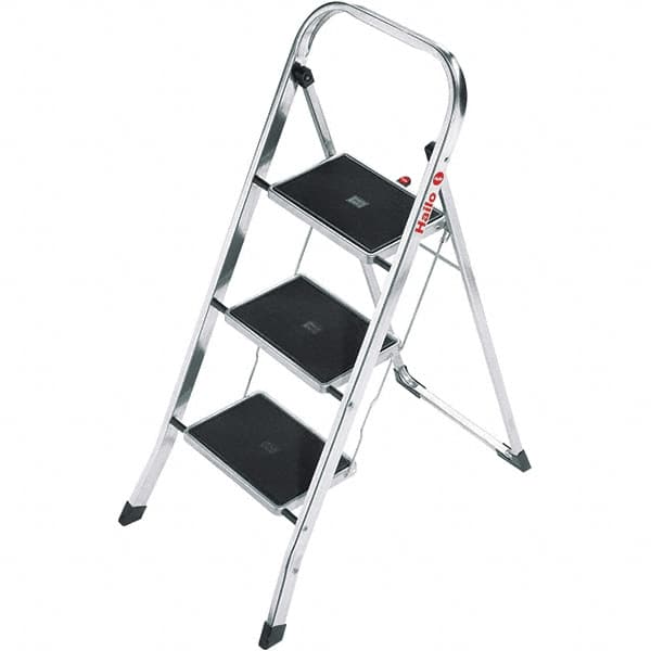 Hailo - 3 Steps, 3' 4" High, EN14183 Rating, Aluminum Step Ladder - 330 Lb Capacity, 18-1/2" Base Width - A1 Tooling