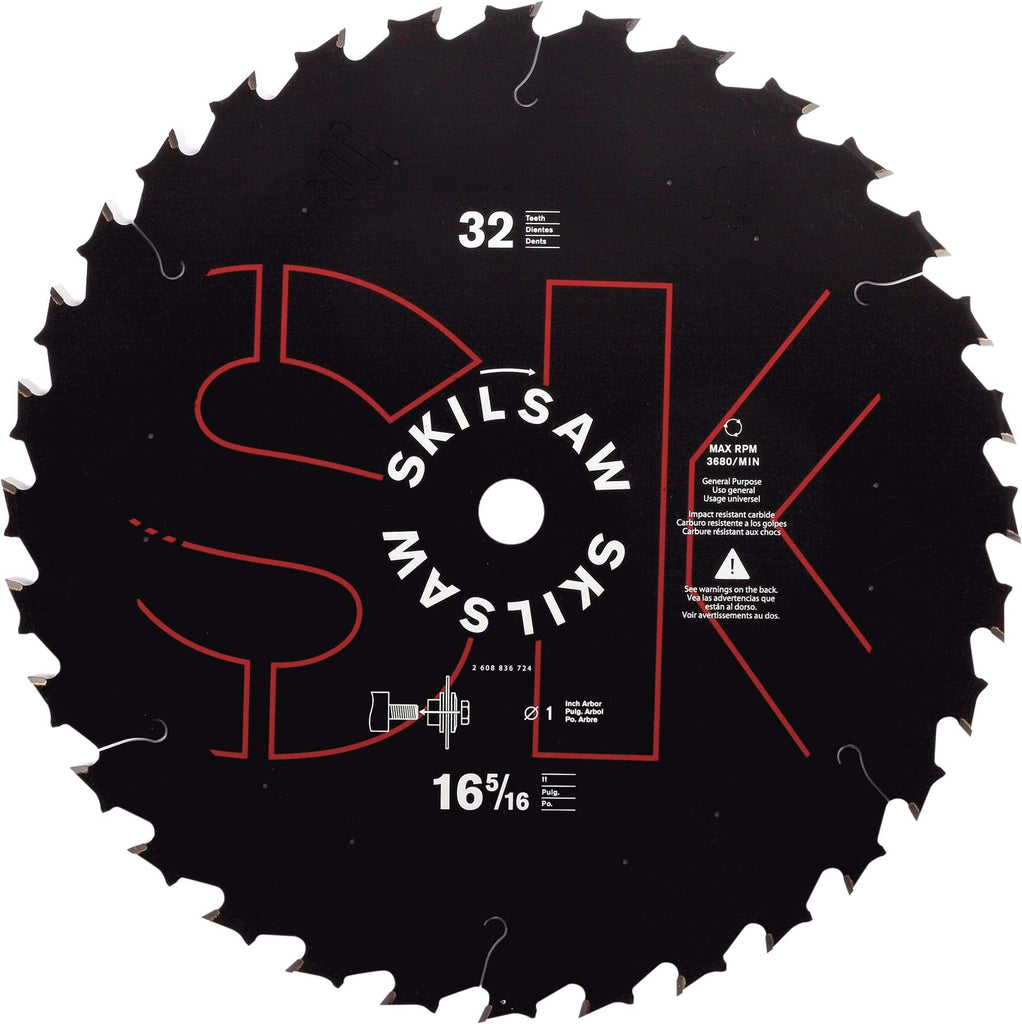 Skilsaw - 16-5/16" Diam, 1" Arbor Hole Diam, 32 Tooth Wet & Dry Cut Saw Blade - Carbide-Tipped, Cutoff Action, Standard Round Arbor - A1 Tooling