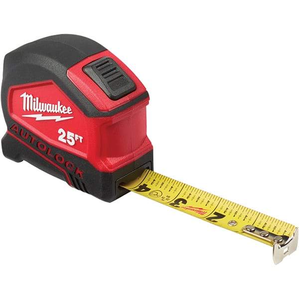 Milwaukee Tool - 25' x 1" Yellow Steel Blade Tape Measure - 1/16" & 1/10' Graduation, Inch Graduation Style, Red/Black Plastic Case - A1 Tooling