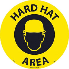 NMC - Hard Hat Area, Anti-Skid Pressure-Sensitive Vinyl Floor Sign - Round, Black on Yellow, Adhesive Backed, For Restroom, Janitorial & Housekeeping - A1 Tooling