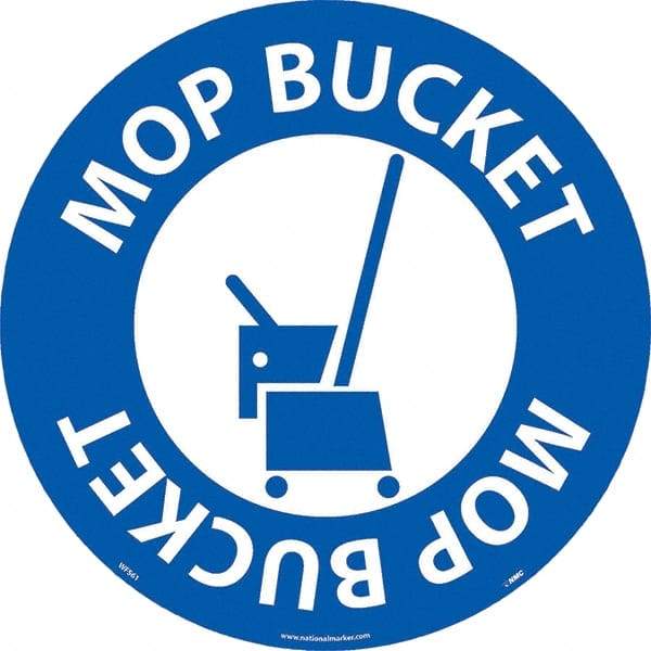 NMC - Mop Bucket, Anti-Skid Pressure-Sensitive Vinyl Floor Sign - Round, White on Blue, Adhesive Backed, For Restroom, Janitorial & Housekeeping - A1 Tooling