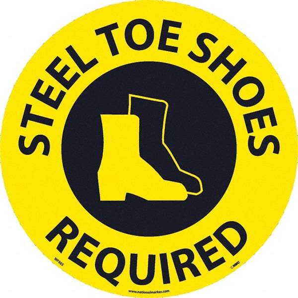 NMC - Steel Toe Shoes Required, Anti-Skid Pressure-Sensitive Vinyl Floor Sign - Round, Black on Yellow, Adhesive Backed, For Restroom, Janitorial & Housekeeping - A1 Tooling