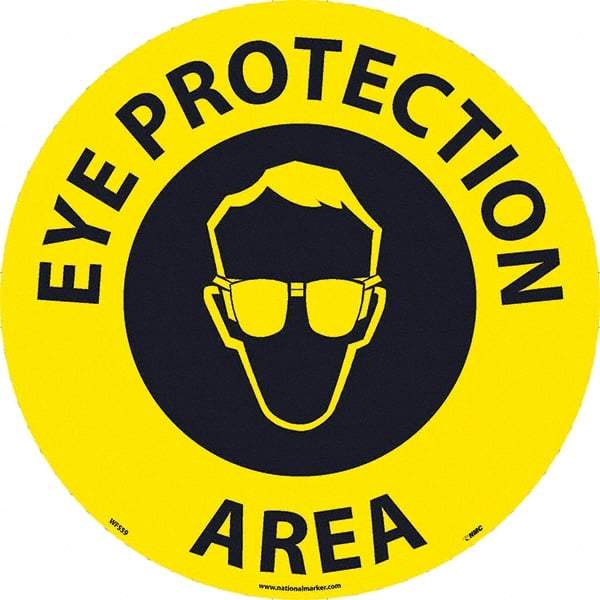 NMC - Eye Protection Area, Anti-Skid Pressure-Sensitive Vinyl Floor Sign - Round, Black on Yellow, Adhesive Backed, For Restroom, Janitorial & Housekeeping - A1 Tooling