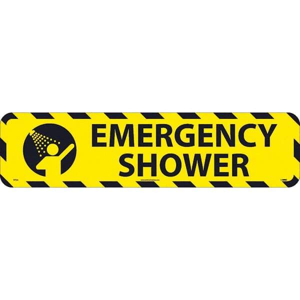 NMC - Emergency Shower, Anti-Skid Pressure-Sensitive Vinyl Floor Sign - Rectangle, Black on Yellow, Adhesive Backed, For Restroom, Janitorial & Housekeeping - A1 Tooling