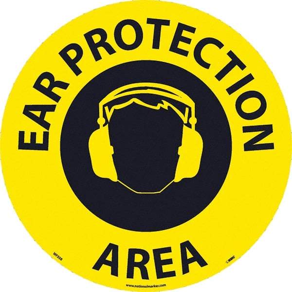 NMC - Ear Protection Area, Anti-Skid Pressure-Sensitive Vinyl Floor Sign - Round, Black on Yellow, Adhesive Backed, For Restroom, Janitorial & Housekeeping - A1 Tooling