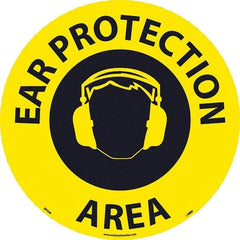 NMC - Ear Protection Area, Anti-Skid Pressure-Sensitive Vinyl Floor Sign - Round, Black on Yellow, Adhesive Backed, For Restroom, Janitorial & Housekeeping - A1 Tooling