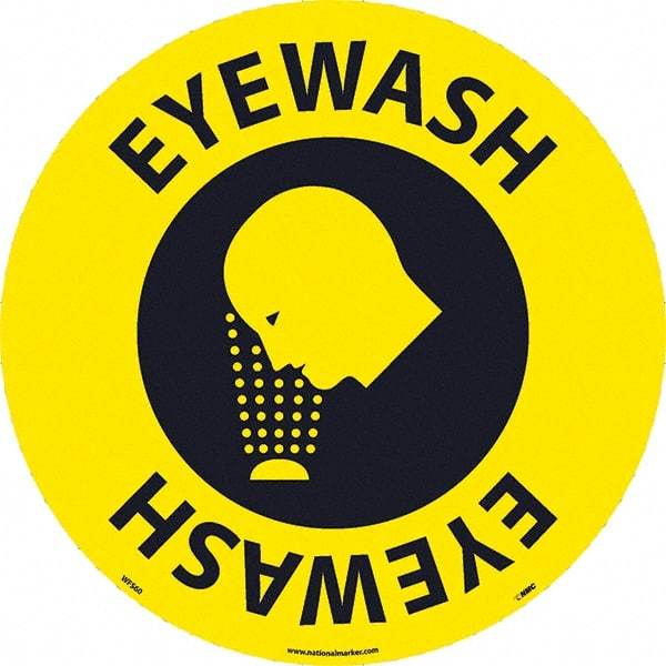 NMC - Eyewash, Anti-Skid Pressure-Sensitive Vinyl Floor Sign - Round, Black on Yellow, Adhesive Backed, For Restroom, Janitorial & Housekeeping - A1 Tooling