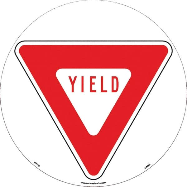 NMC - Yield, Anti-Skid Pressure-Sensitive Vinyl Floor Sign - Round, Red on White, Adhesive Backed, For Restroom, Janitorial & Housekeeping - A1 Tooling