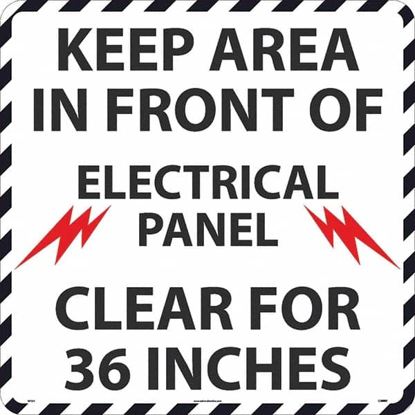 NMC - Keep Area in Front of Electrical Panel Clear 36", Anti-Skid Pressure-Sensitive Vinyl Floor Sign - Round, Black on White, Adhesive Backed, For Restroom, Janitorial & Housekeeping - A1 Tooling