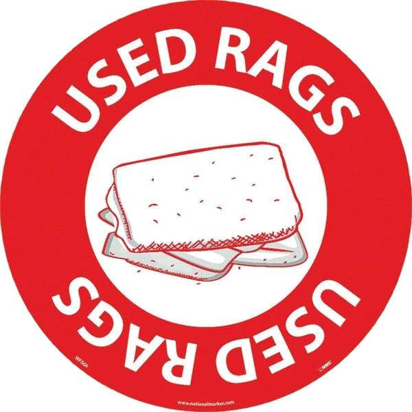 NMC - Used Rags, Anti-Skid Pressure-Sensitive Vinyl Floor Sign - Round, White on Red, Adhesive Backed, For Restroom, Janitorial & Housekeeping - A1 Tooling