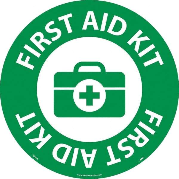 NMC - First Aid Kit, Anti-Skid Pressure-Sensitive Vinyl Floor Sign - Round, White on Green, Adhesive Backed, For Restroom, Janitorial & Housekeeping - A1 Tooling