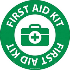 NMC - First Aid Kit, Anti-Skid Pressure-Sensitive Vinyl Floor Sign - Round, White on Green, Adhesive Backed, For Restroom, Janitorial & Housekeeping - A1 Tooling