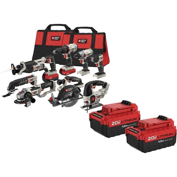 Porter-Cable - 20 Volt Cordless Tool Combination Kit - Includes 1/2" Drill/Driver, 1/4" Impact Driver, 6-1/2" Circular Saw, Reciprocating Tiger Saw, Jig Saw, Oscillating Multi-Tool, Cut-Off Tool, Grinder & Flashlight, Lithium-Ion Battery Included - A1 Tooling