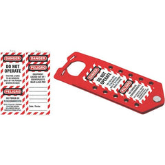 NMC - Single Jaw, 1 to 2" Jaw Diam, 10 PadLocks, Aluminum Lockout Hasp - Scissor Action, 3" Long x 7-1/2" Wide, Red - A1 Tooling