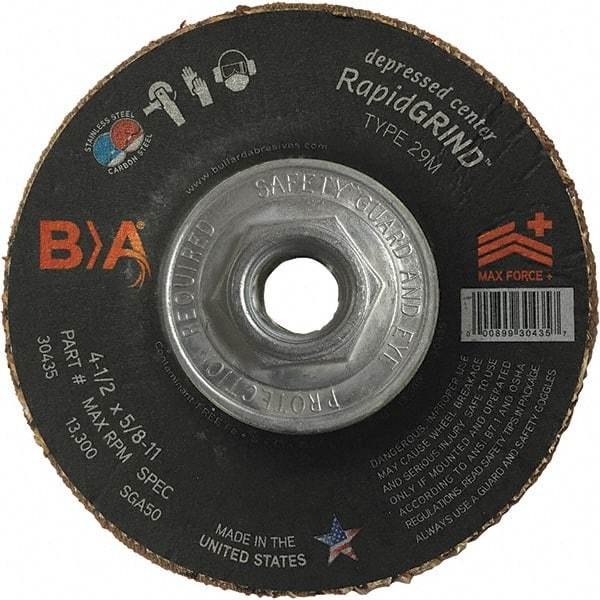 BULLARD - 50 Grit, 5" Wheel Diam, 1/8" Wheel Thickness, Type 29 Depressed Center Wheel - Coarse Grade, Ceramic, 12,200 Max RPM, Compatible with Angle Grinder - A1 Tooling