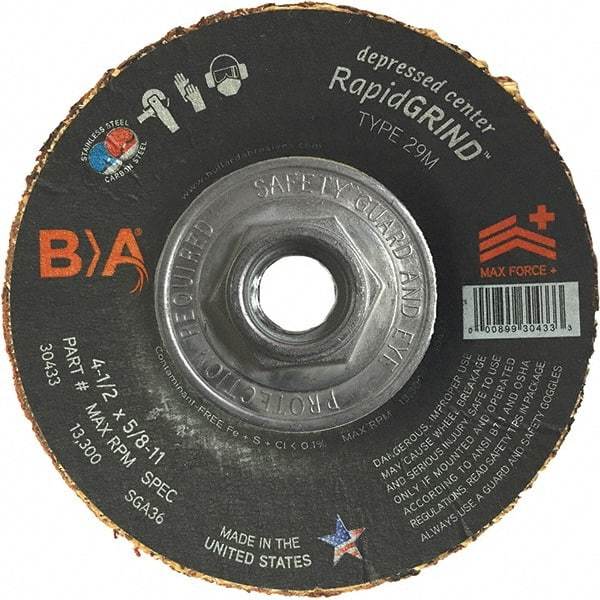 BULLARD - 36 Grit, 4-1/2" Wheel Diam, 1/8" Wheel Thickness, Type 29 Depressed Center Wheel - Coarse/Extra Coarse Grade, Ceramic, 13,300 Max RPM, Compatible with Angle Grinder - A1 Tooling