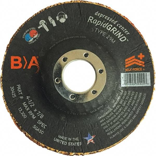 BULLARD - 50 Grit, 4-1/2" Wheel Diam, 1/8" Wheel Thickness, 7/8" Arbor Hole, Type 29 Depressed Center Wheel - Coarse Grade, Ceramic, 13,300 Max RPM, Compatible with Angle Grinder - A1 Tooling