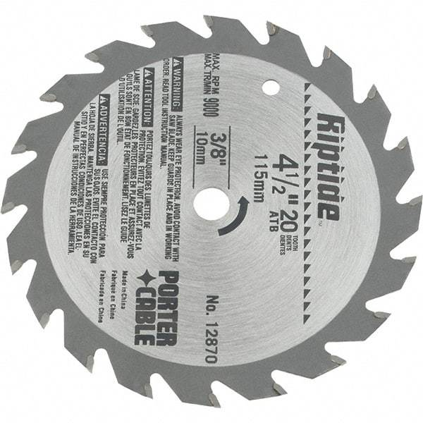 Porter-Cable - 4-1/2" Diam, 3/8" Arbor Hole Diam, 20 Tooth Wet & Dry Cut Saw Blade - Carbide-Tipped, Ripping Action, Standard Round Arbor - A1 Tooling