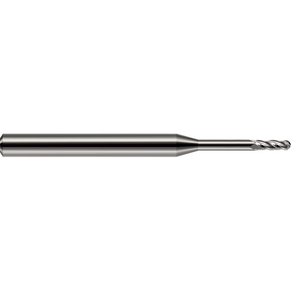 Ball End Mill: 0.047″ Dia, 0.141″ LOC, 4 Flute, Solid Carbide 1-1/2″ OAL, 1/8″ Shank Dia, 30 ° Helix, Uncoated, Single End