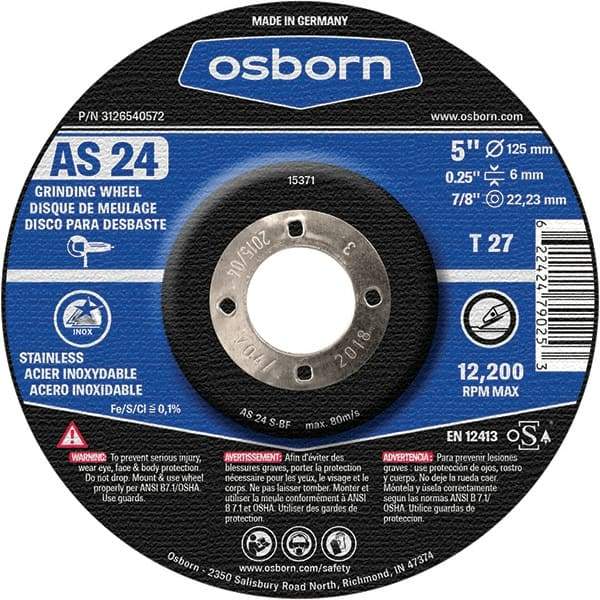 Osborn - 24 Grit, 5" Wheel Diam, 1/4" Wheel Thickness, 7/8" Arbor Hole, Type 27 Depressed Center Wheel - Coarse Grade, Aluminum Oxide, 12,225 Max RPM - A1 Tooling