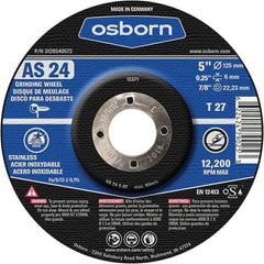 Osborn - 24 Grit, 5" Wheel Diam, 1/4" Wheel Thickness, 7/8" Arbor Hole, Type 27 Depressed Center Wheel - Coarse Grade, Aluminum Oxide, 12,225 Max RPM - A1 Tooling