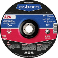 Osborn - 24 Grit, 7" Wheel Diam, 1/4" Wheel Thickness, 7/8" Arbor Hole, Type 27 Depressed Center Wheel - Coarse Grade, Aluminum Oxide, 8,600 Max RPM - A1 Tooling