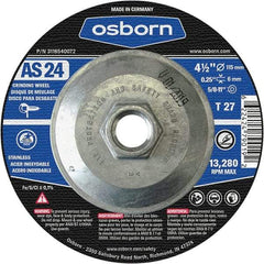 Osborn - 24 Grit, 4-1/2" Wheel Diam, 1/4" Wheel Thickness, Type 27 Depressed Center Wheel - Coarse Grade, Aluminum Oxide, 13,280 Max RPM - A1 Tooling