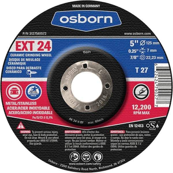 Osborn - 24 Grit, 5" Wheel Diam, 1/4" Wheel Thickness, 7/8" Arbor Hole, Type 27 Depressed Center Wheel - Coarse Grade, Ceramic, 12,225 Max RPM - A1 Tooling